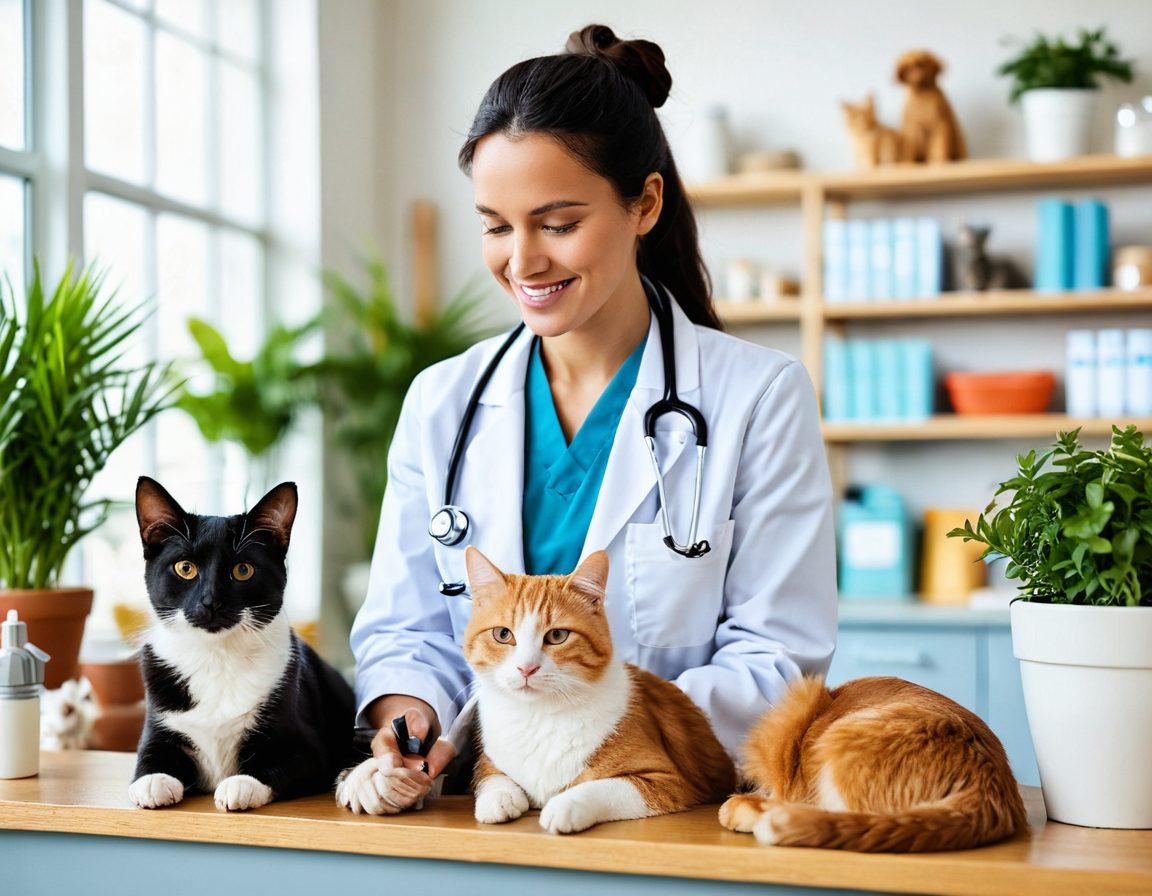 A warm, inviting scene featuring a veterinarian consulting with a diverse group of pet owners, showcasing healthy and happy dogs and cats. Incorporate a backdrop of a bright clinic filled with plants and pet care supplies, emphasizing companionship and wellness. Include playful elements like a stethoscope around a dog's neck and a cat perched on a shelf, symbolizing love and care for animals. super-realistic. vibrant colors. soft focus.