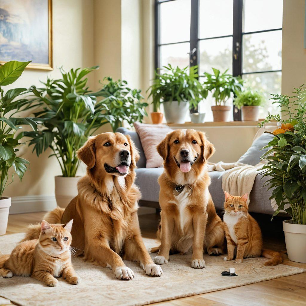 A warm, inviting scene featuring a happy dog and cat sitting together in a sunlit living room, surrounded by plants and wellness products like herbal supplements and fresh food. Include a veterinarian in the background, smiling and providing care with a stethoscope. Soft, pastel colors to evoke a sense of calm and health. super-realistic. vibrant colors. natural light.