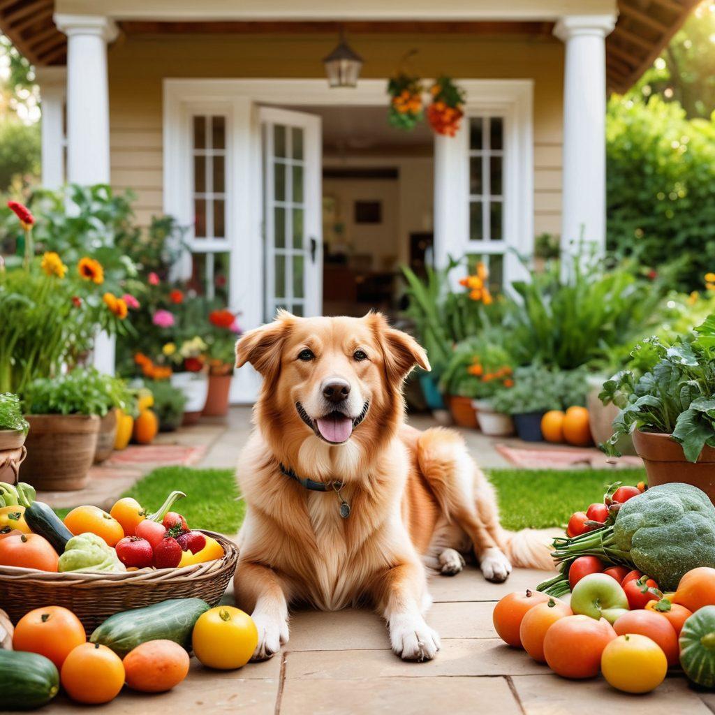 An inviting scene of a happy pet in a serene garden, surrounded by colorful fruits and vegetables, emphasizing nutrition. The background shows a cozy home, symbolizing mental well-being, with a pet owner reading a guide. Include elements like a dog happily chewing on a carrot and a cat lounging peacefully. The atmosphere is warm and bright, radiating positivity and health. super-realistic. vibrant colors. natural lighting.